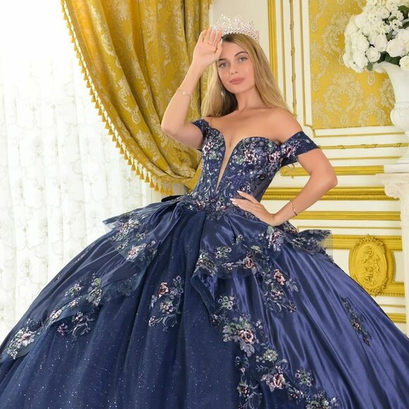 New Navy Satin Ball Gown w/ Floral Lace Embroidery & Oversized Back Bow GL3793 - Picture 4 of 14